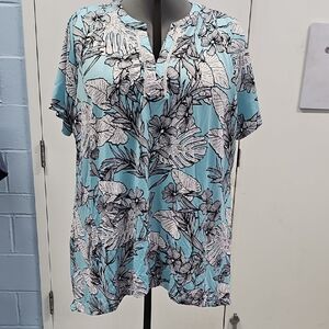 Ruby Rd. Blue and Black Floral Blouse